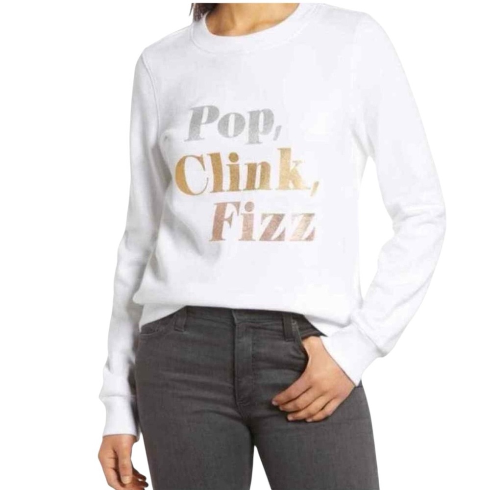1901 Nordstrom Pop Clink Fizz Gold Foil Sweatshirt Pullover Crew White XS NWT